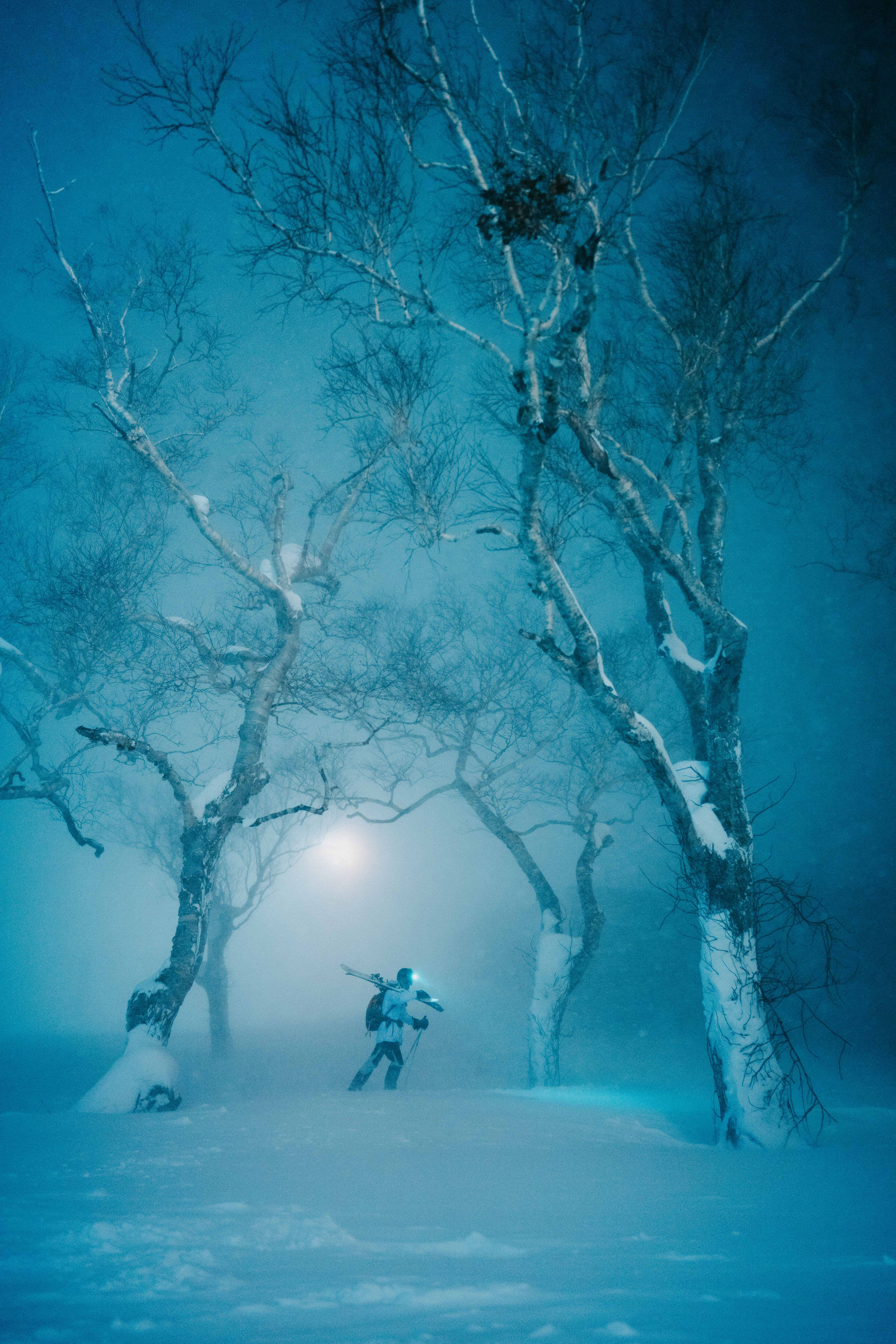 Skier on a floodlit night slope