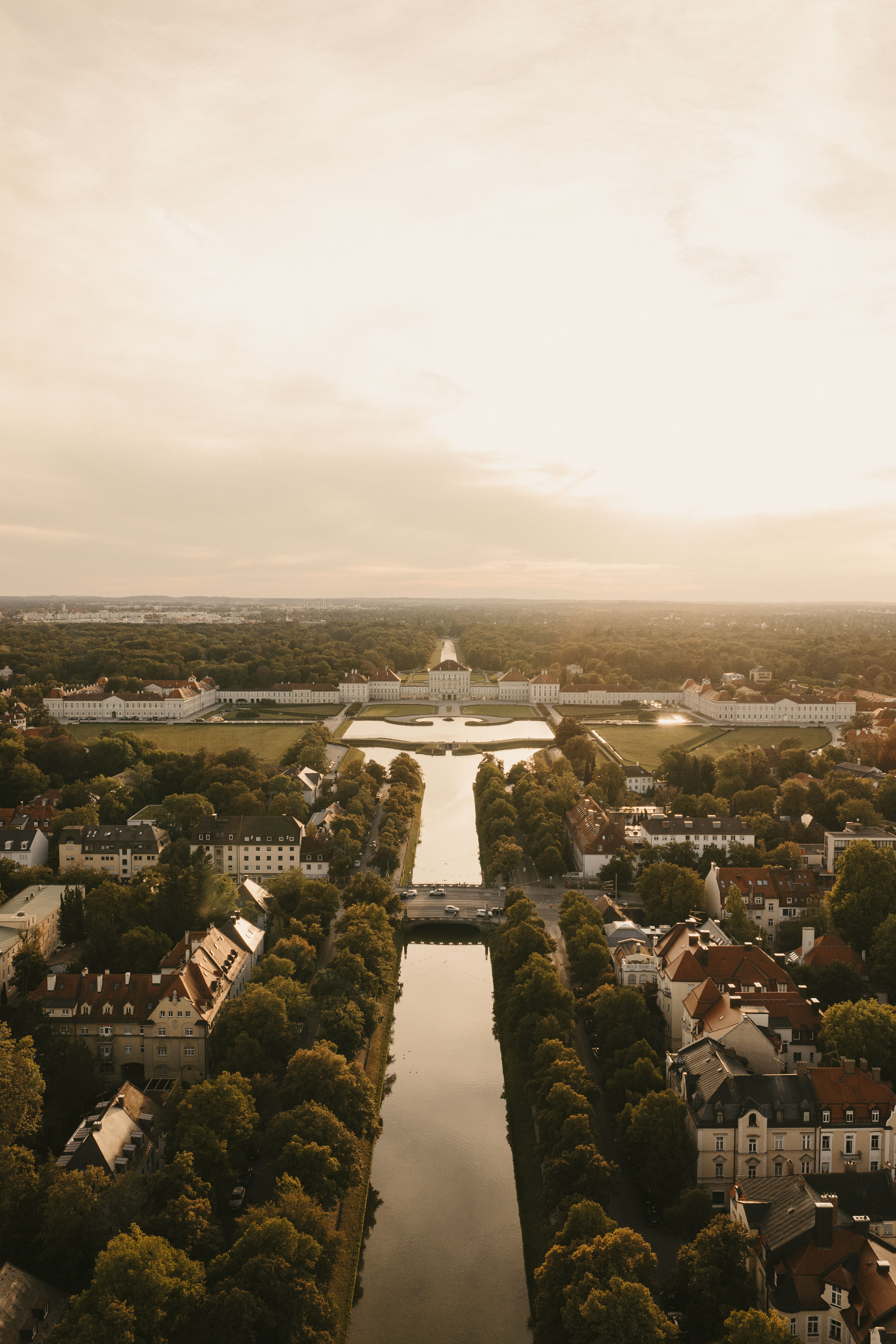 Aerial view of Nymphenburg Palace and its canal in evening light