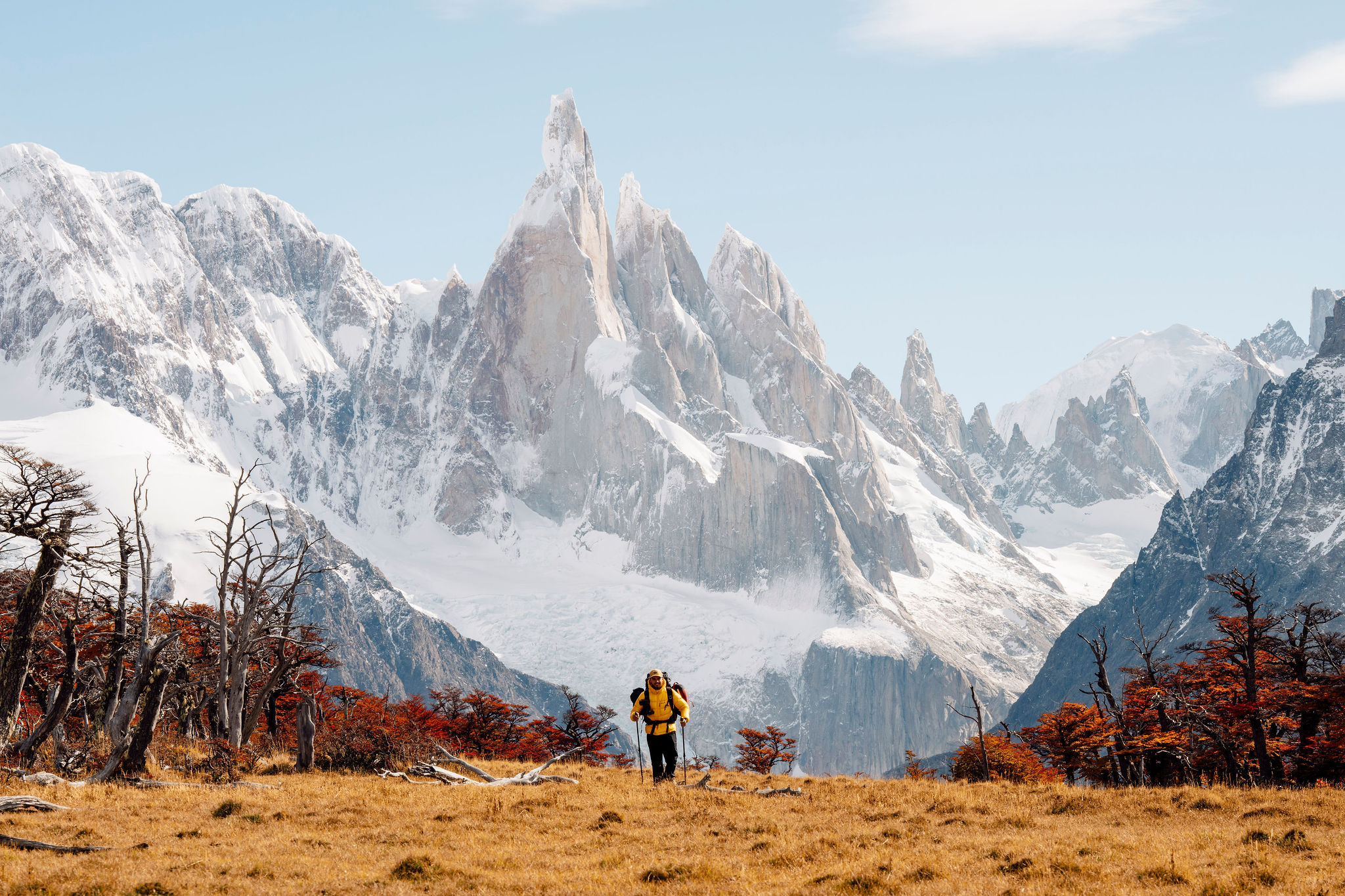 Hiker looking up at the Fitz Roy massif